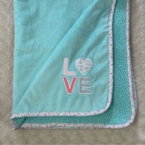 Carter's Aqua Blue Love Heart Baby Blanket Pink White Floral Edge Sherpa Gray